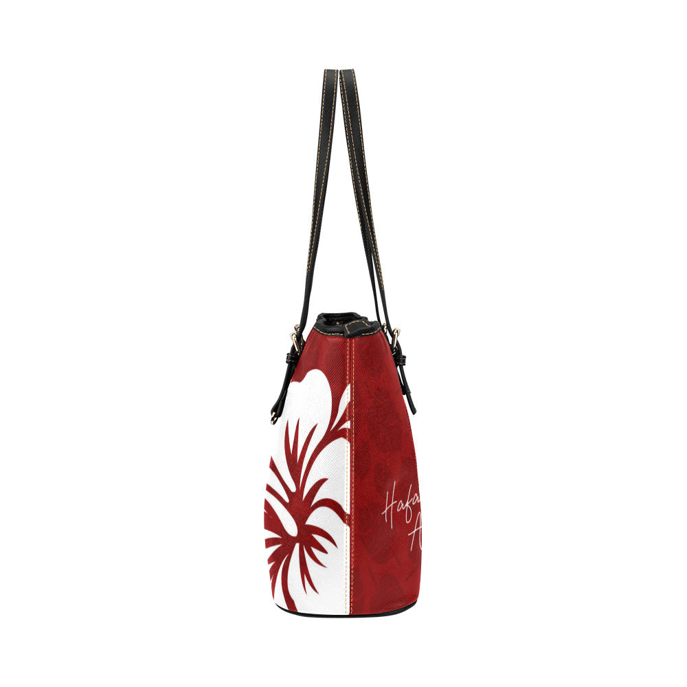 Hafa Adai Guam CNMI Dark Red Hibiscus Large Leather Tote Purse