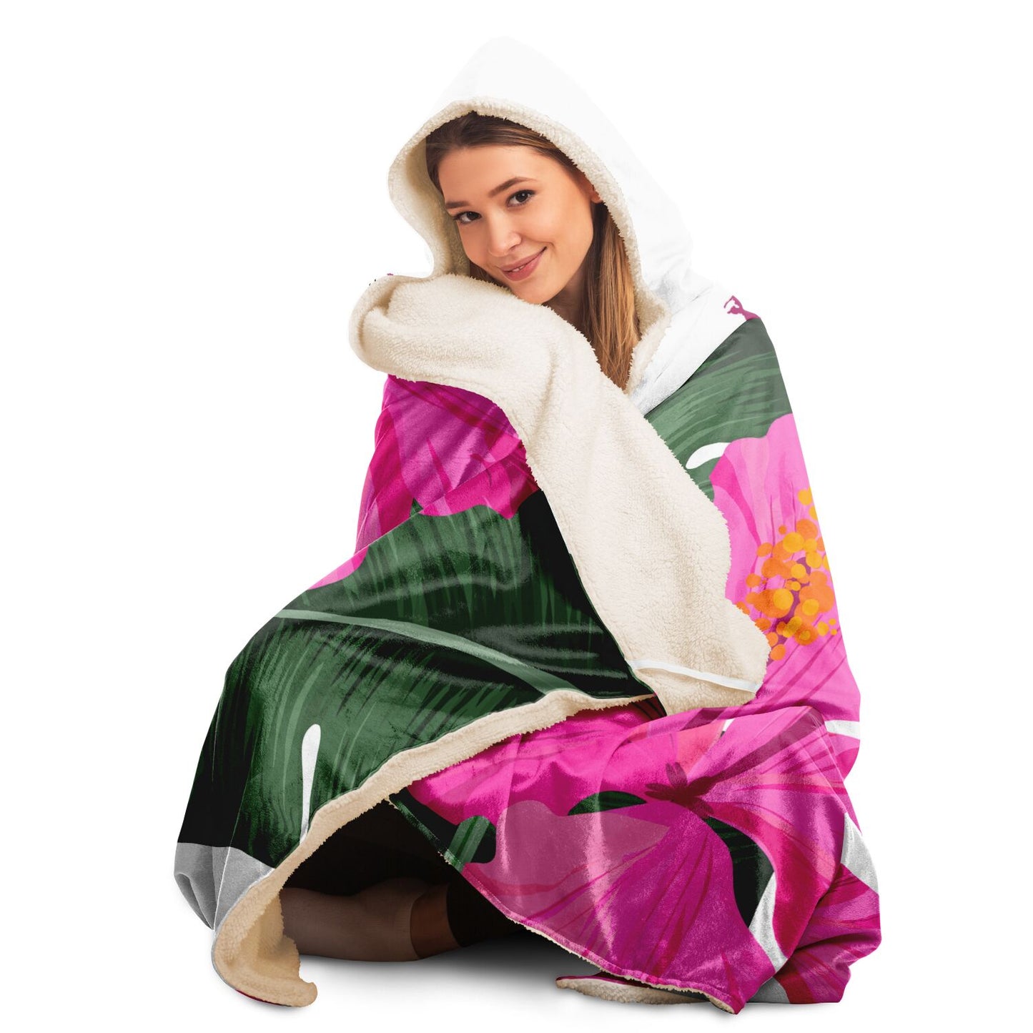 Guam Pink Hibiscus Paradise White Premium Sherpa Hooded Blanket