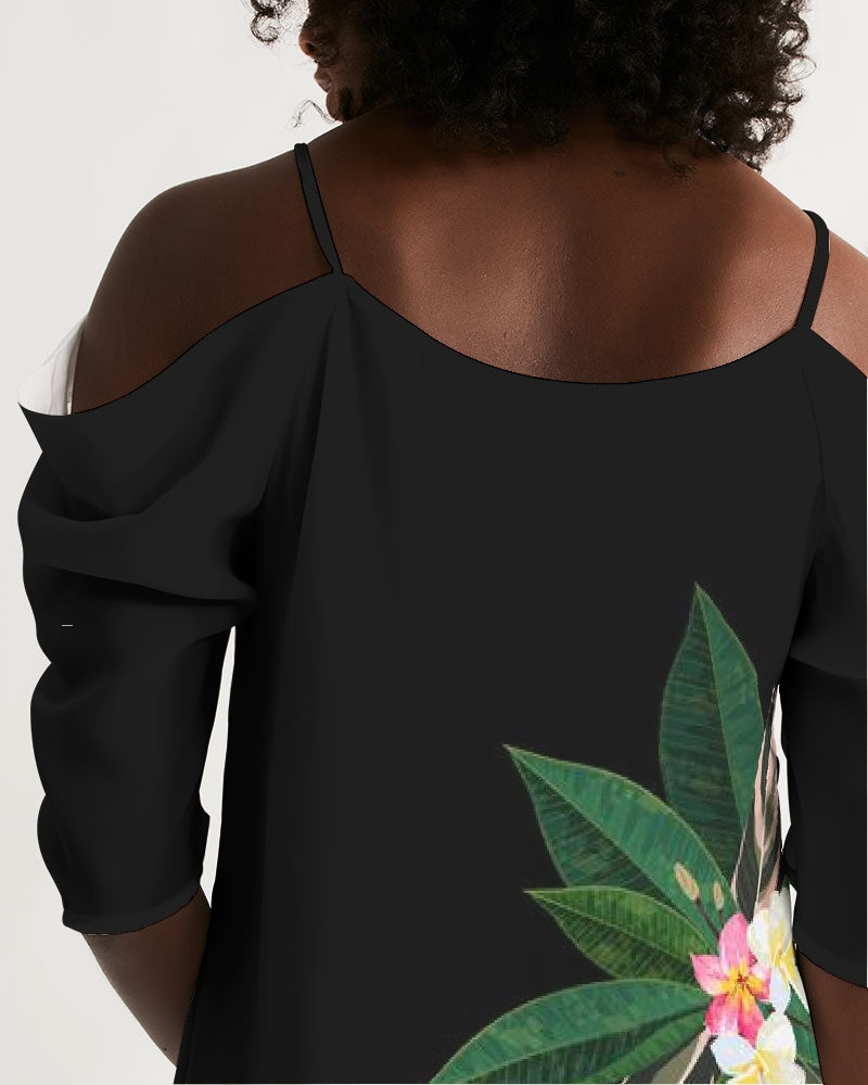 Guam Plumeria Flowers Black Women's Open Shoulder A-Line Dress