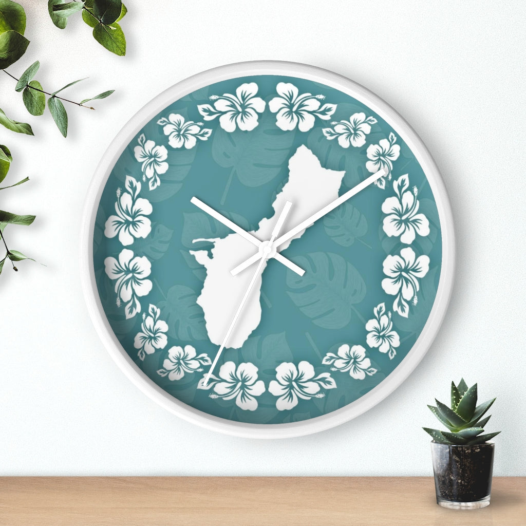 Guam Shape Teal Hibiscus Wall Clock