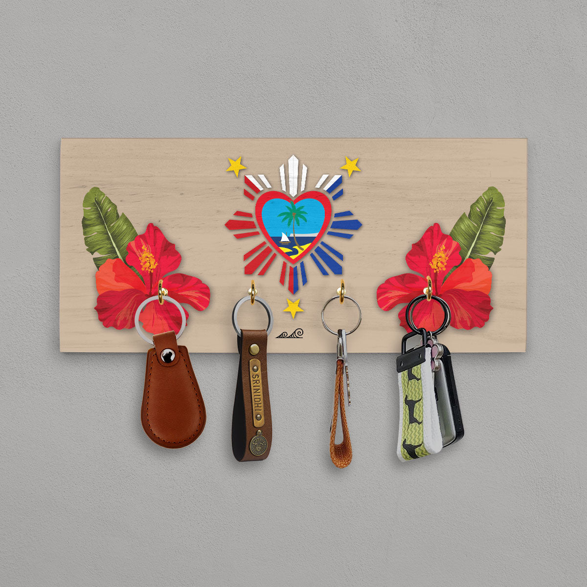 Guam PI Heart Hibiscus Paradise Wood Key Holder