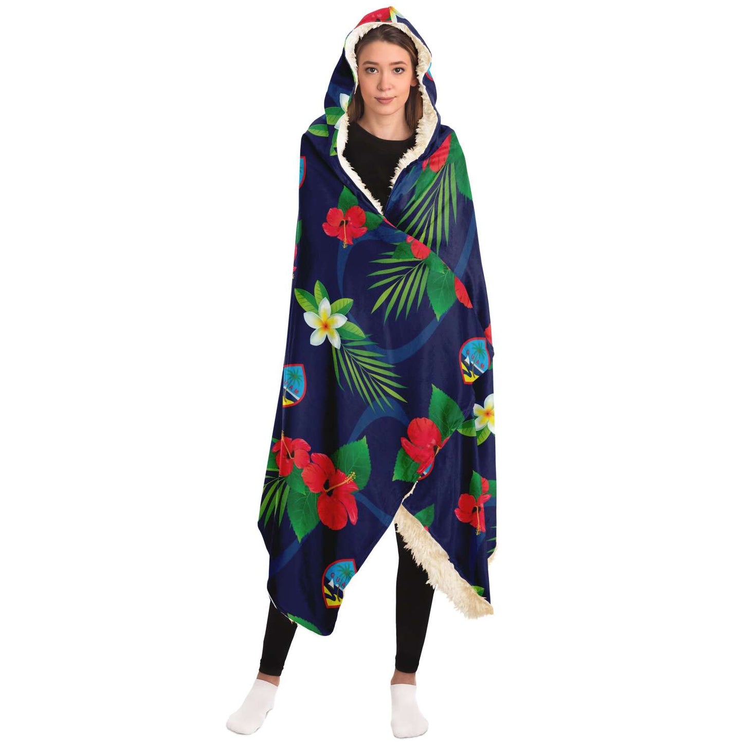 Guam Flag Flowers Premium Sherpa Hooded Blanket