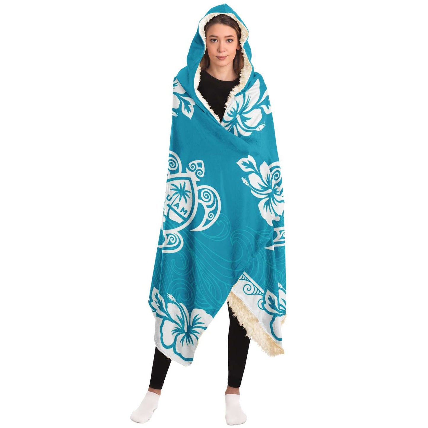Guam Seal Turtle Hibiscus Teal Premium Sherpa Hooded Blanket