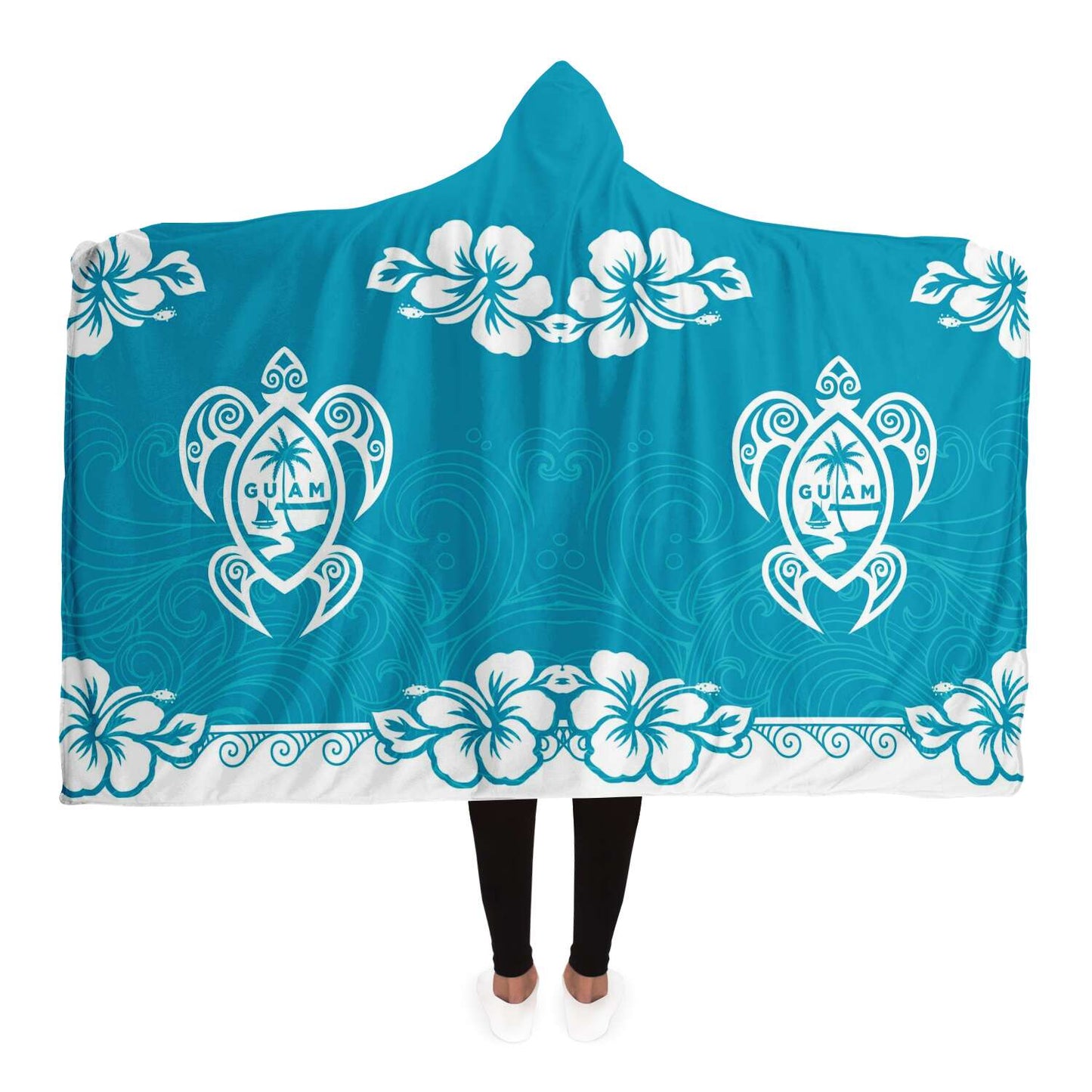 Guam Seal Turtle Hibiscus Teal Premium Sherpa Hooded Blanket