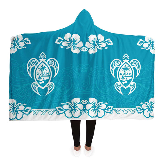 Guam Seal Turtle Hibiscus Teal Premium Sherpa Hooded Blanket