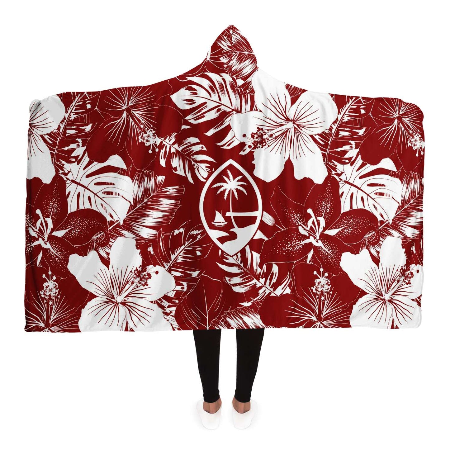 Guam Seal Red Hibiscus Premium Sherpa Hooded Blanket