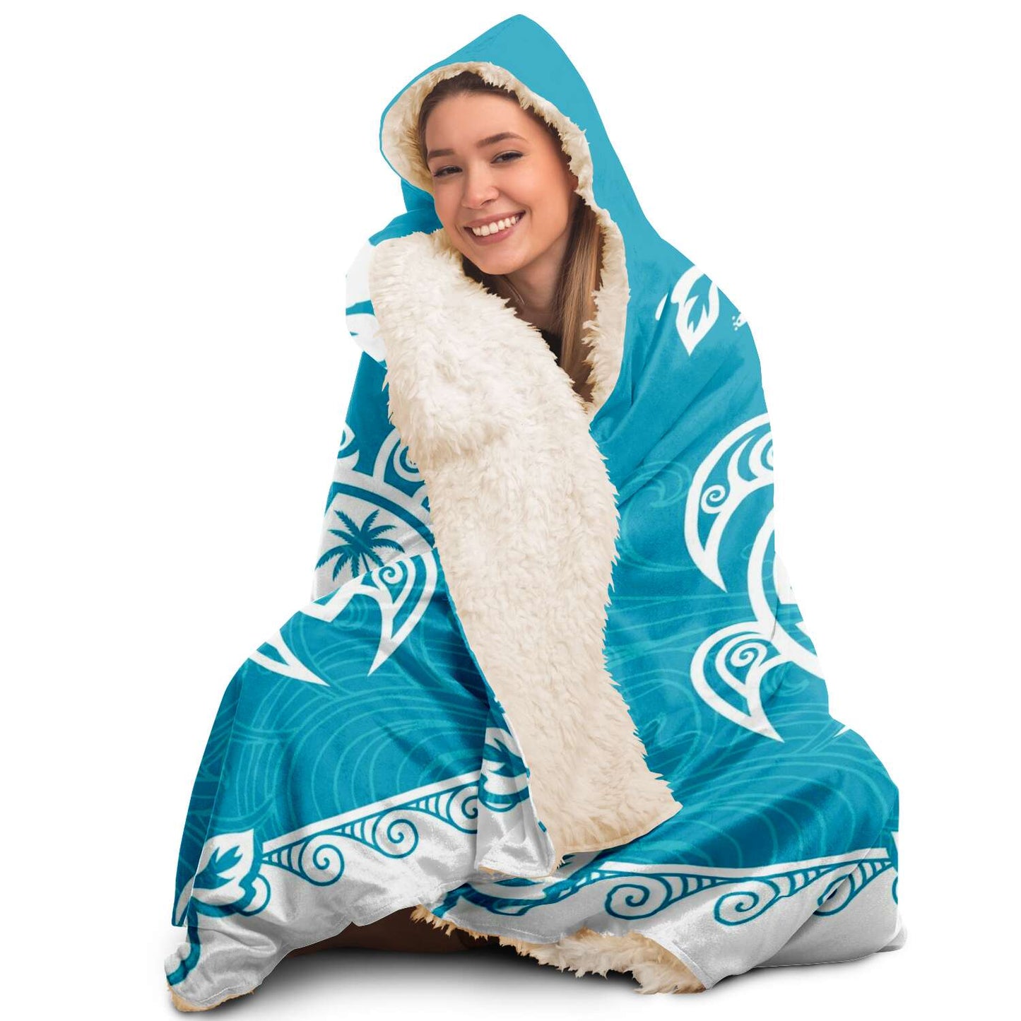 Guam Seal Turtle Hibiscus Teal Premium Sherpa Hooded Blanket