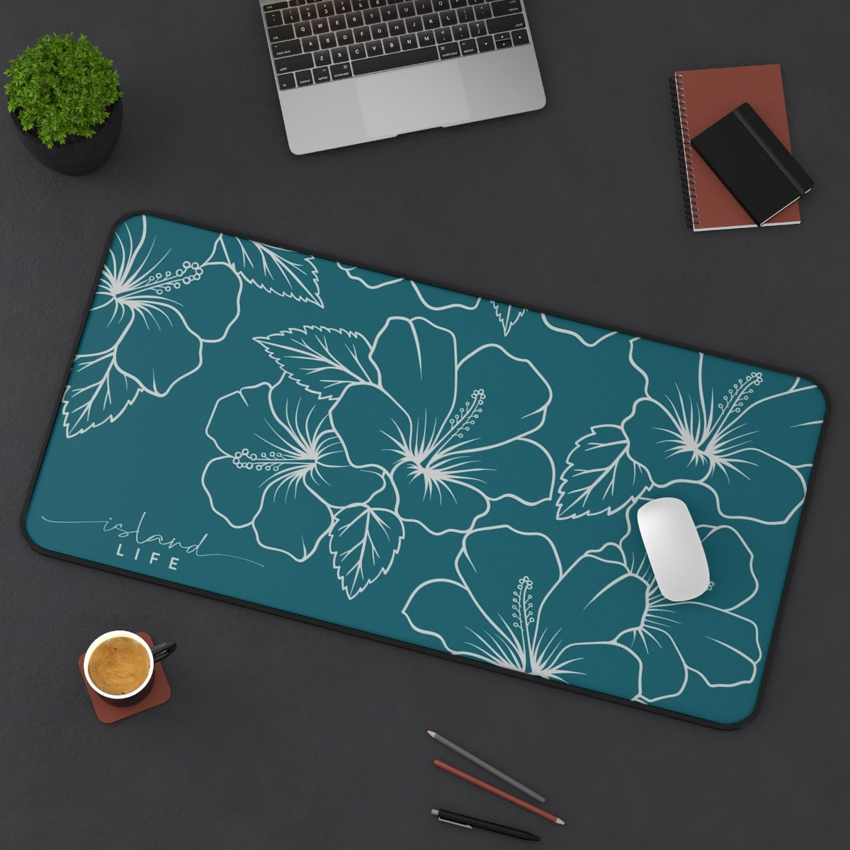 Guam CNMI Modern Hibiscus Teal Gaming Pad Desk Mat