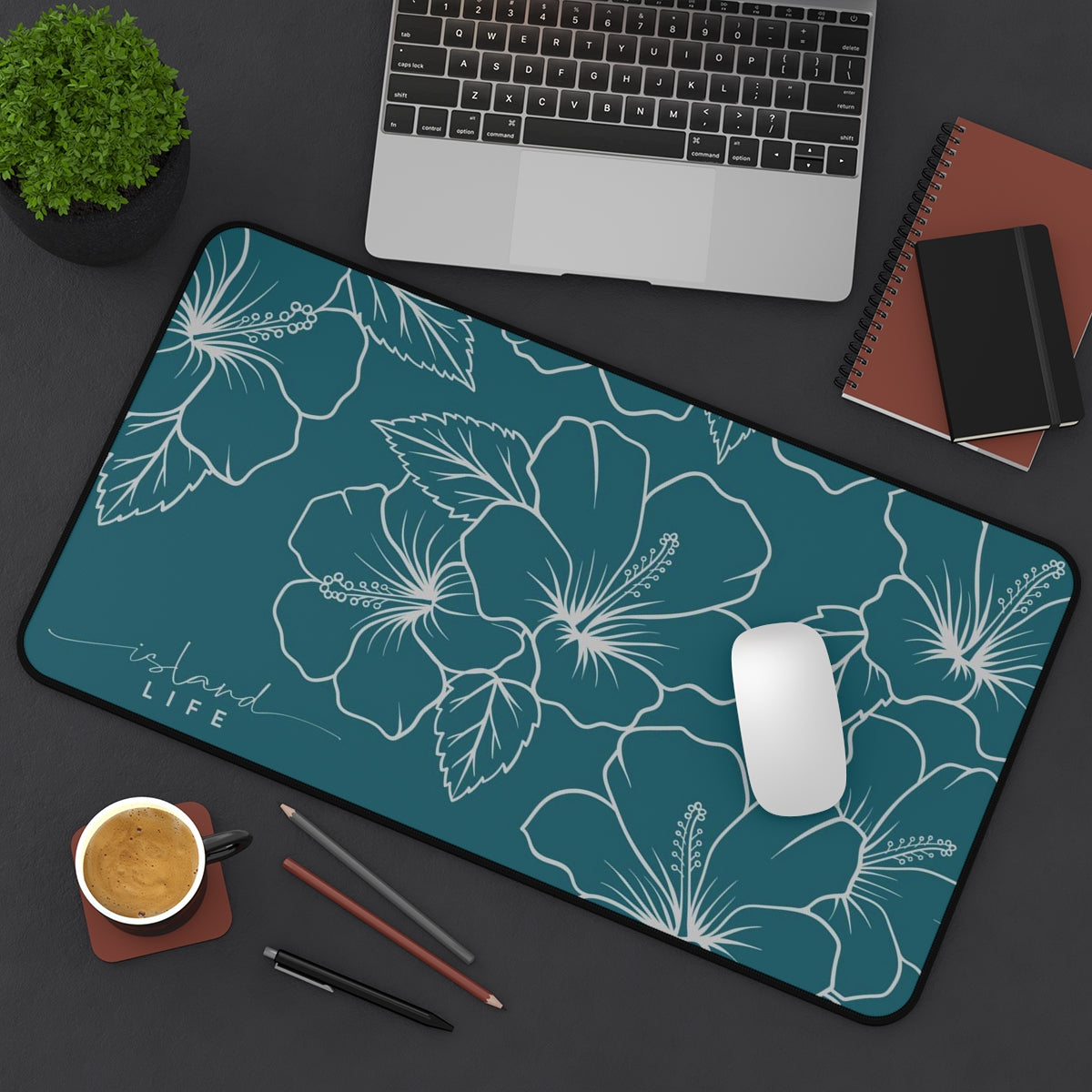 Guam CNMI Modern Hibiscus Teal Gaming Pad Desk Mat