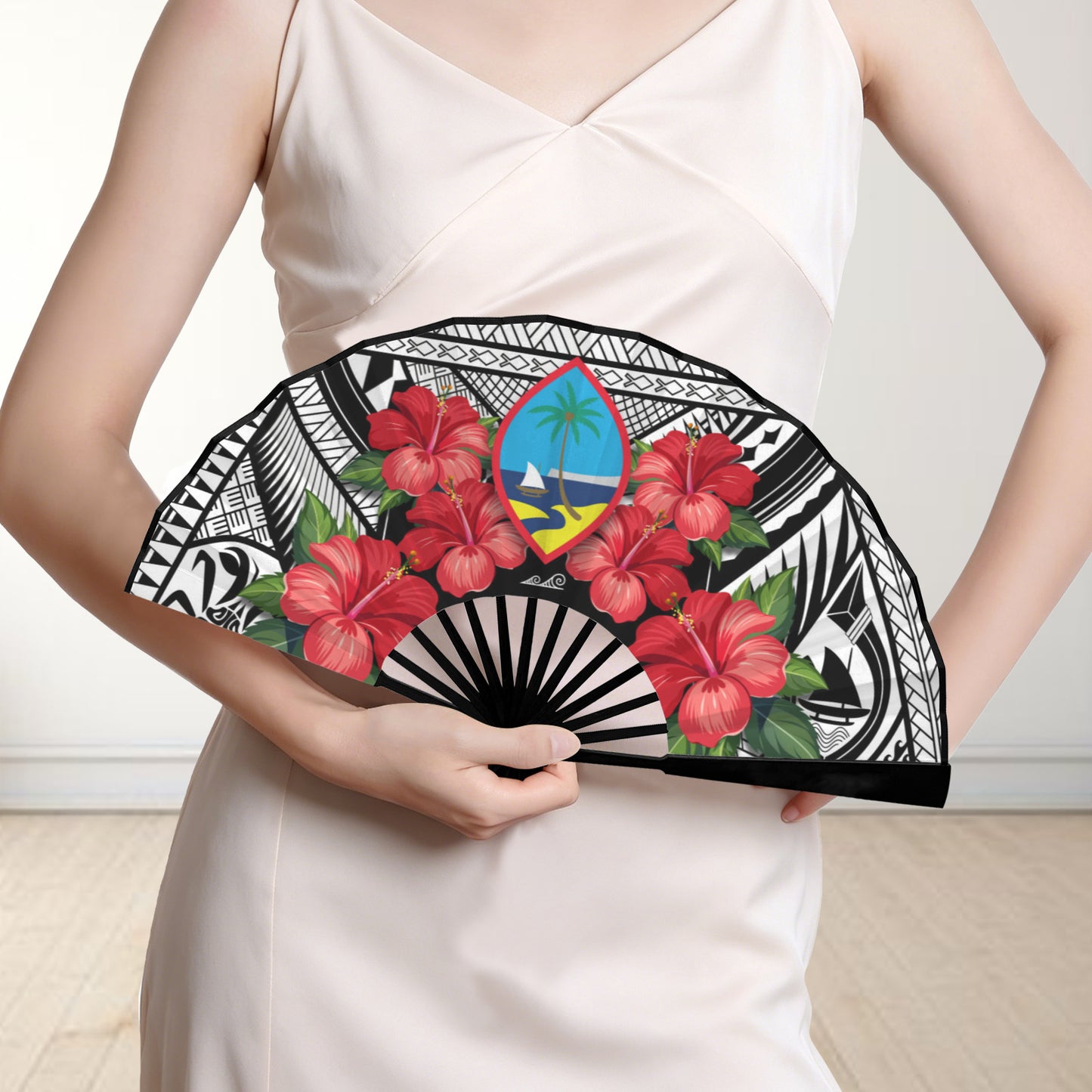 Guam Hibiscus Guahan Tribal Double-Sided Folding Fan
