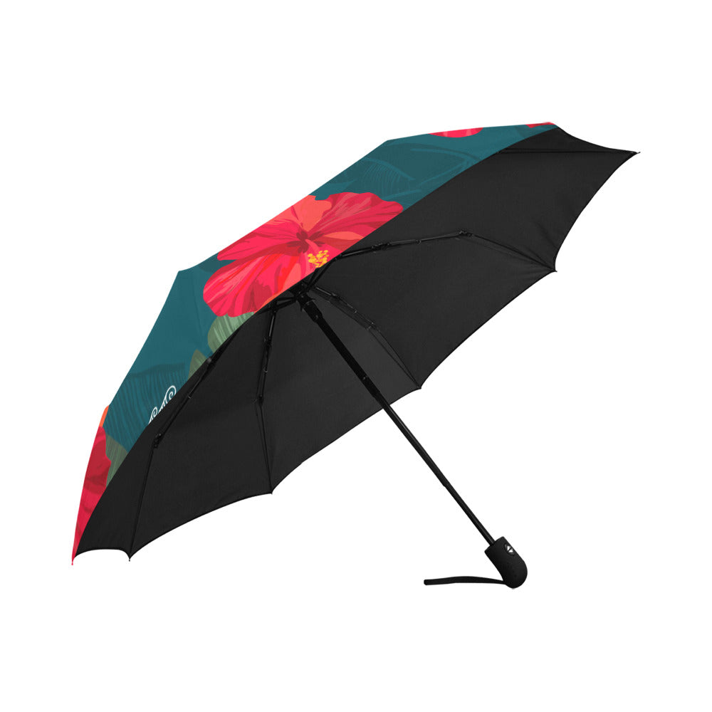 Hibiscus Banana Leaves Teal Anti-UV Auto-Foldable Umbrella