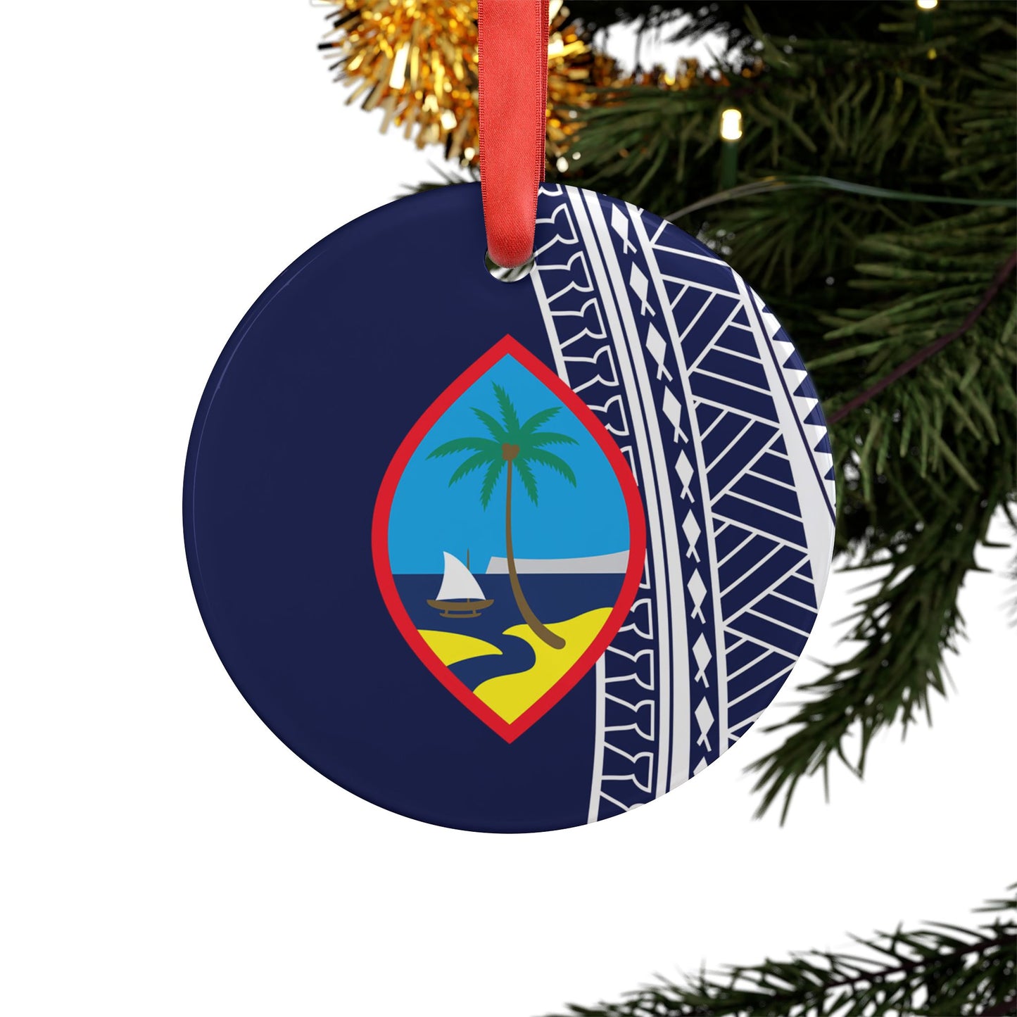 Guam Seal Blue Tribal Acrylic Ornament with Ribbon