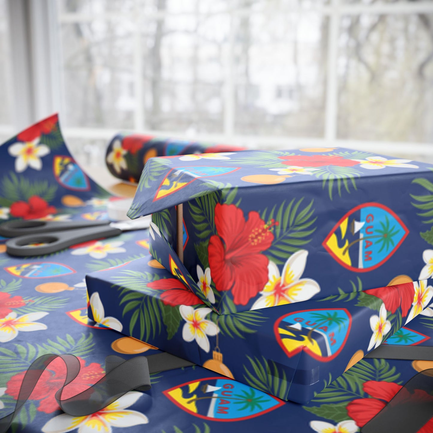 Guam Christmas Flowers Blue Gift Wrap Wrapping Paper