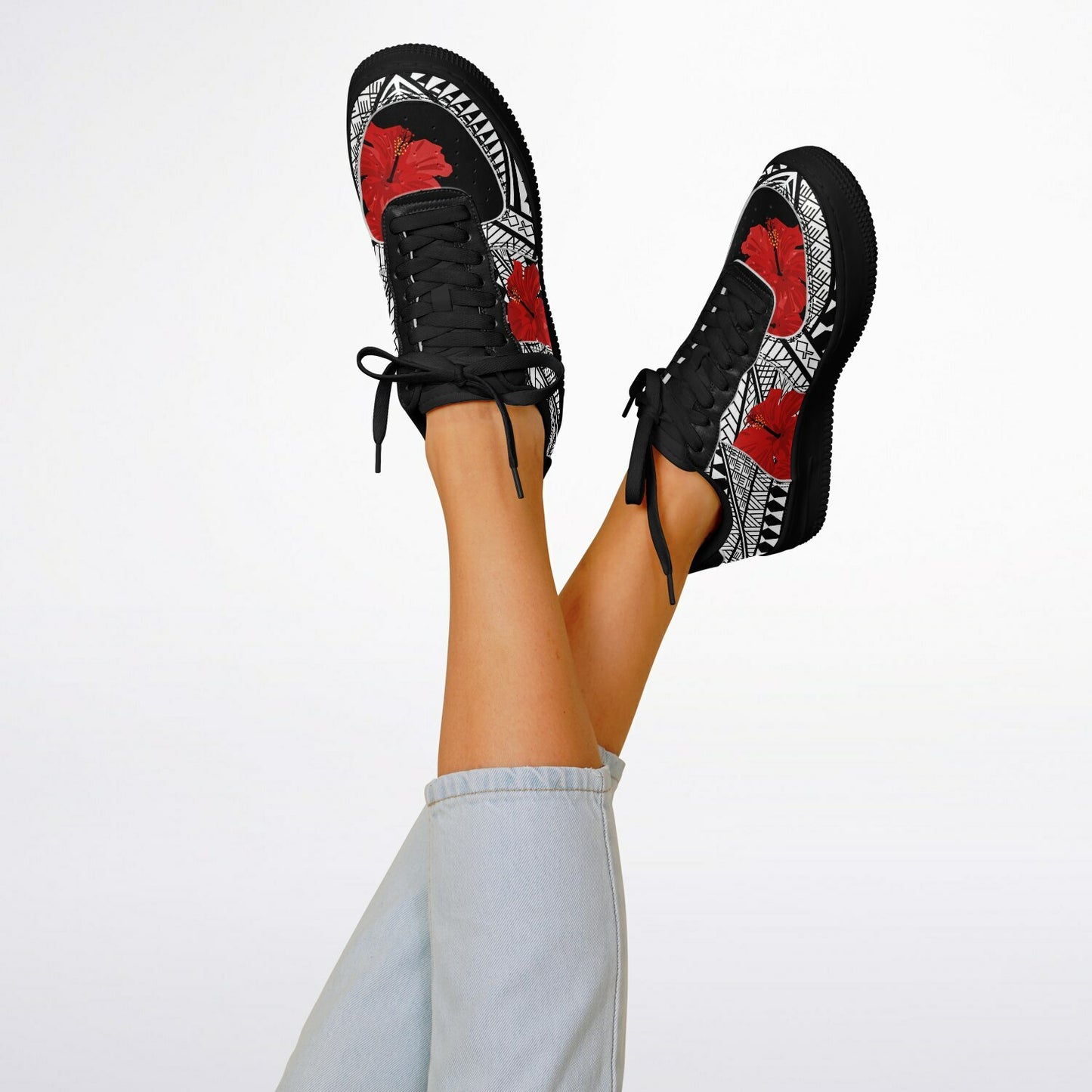 Guam Red Hibiscus Tribal Black Core Low Shoes
