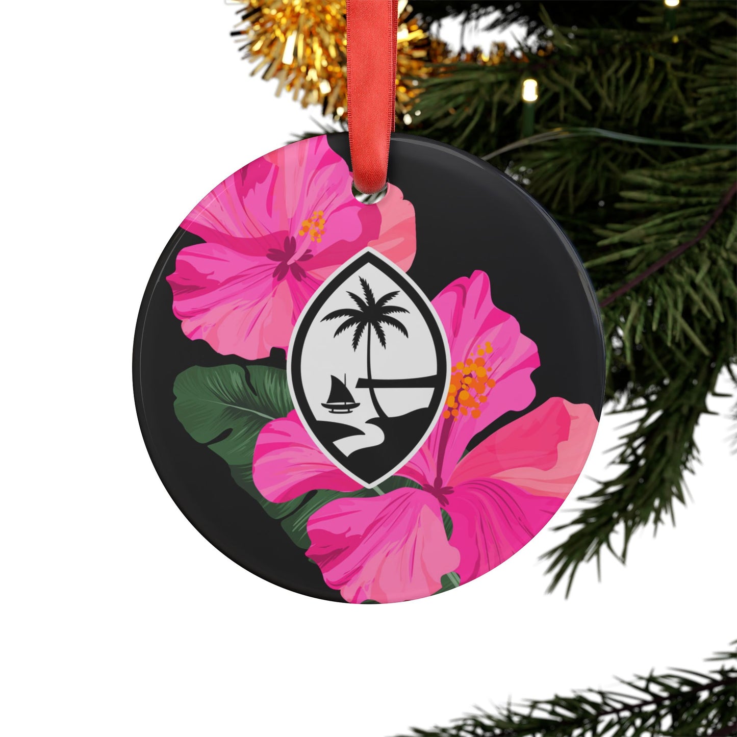 Guam Hibiscus Paradise Pink Acrylic Ornament with Ribbon