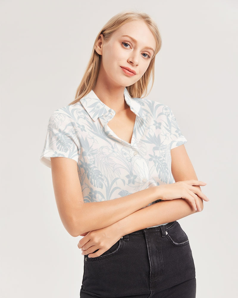 Guam Plumeria Tropical White Women's All-Over Print Short Sleeve Button Up