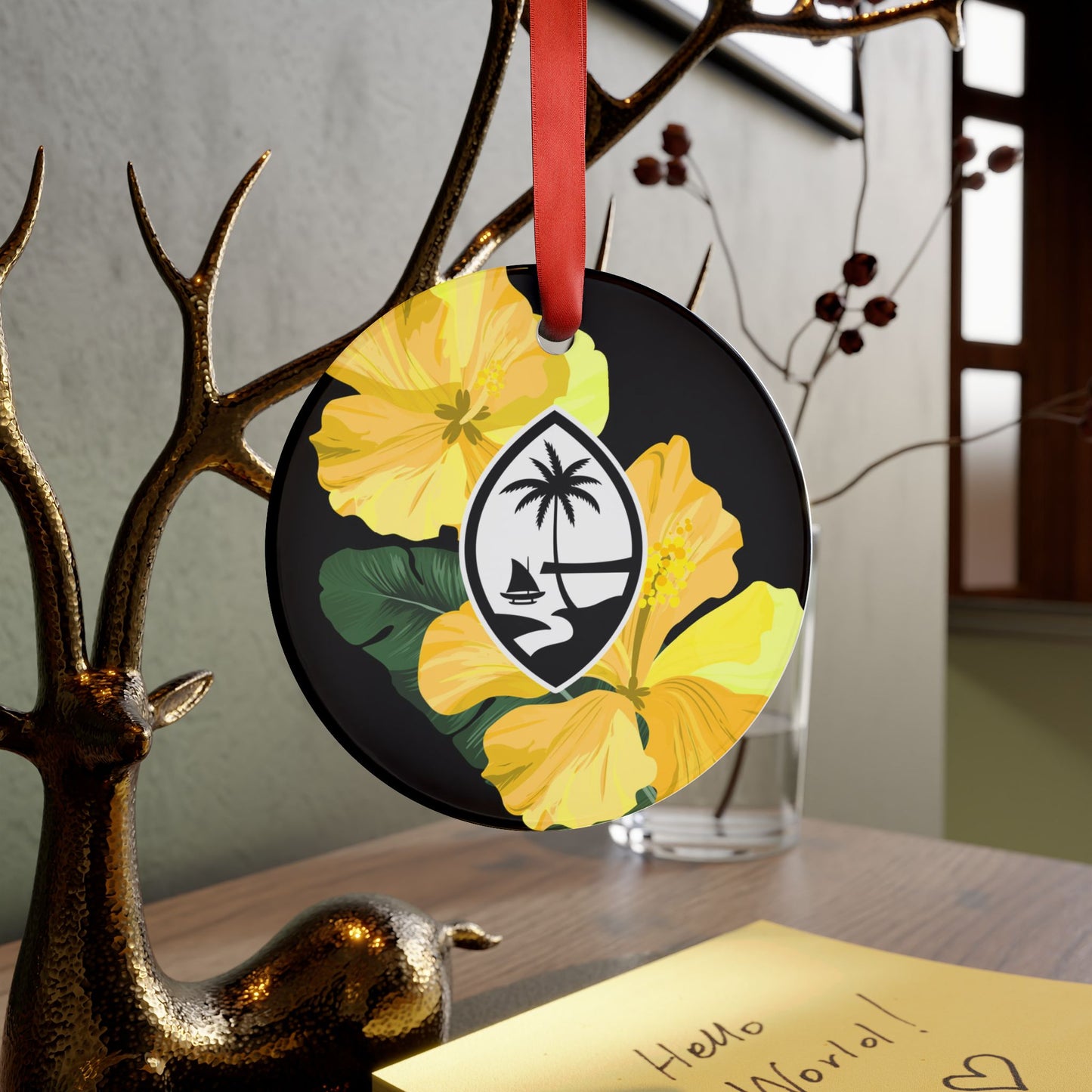 Guam Hibiscus Paradise Yellow Acrylic Ornament with Ribbon