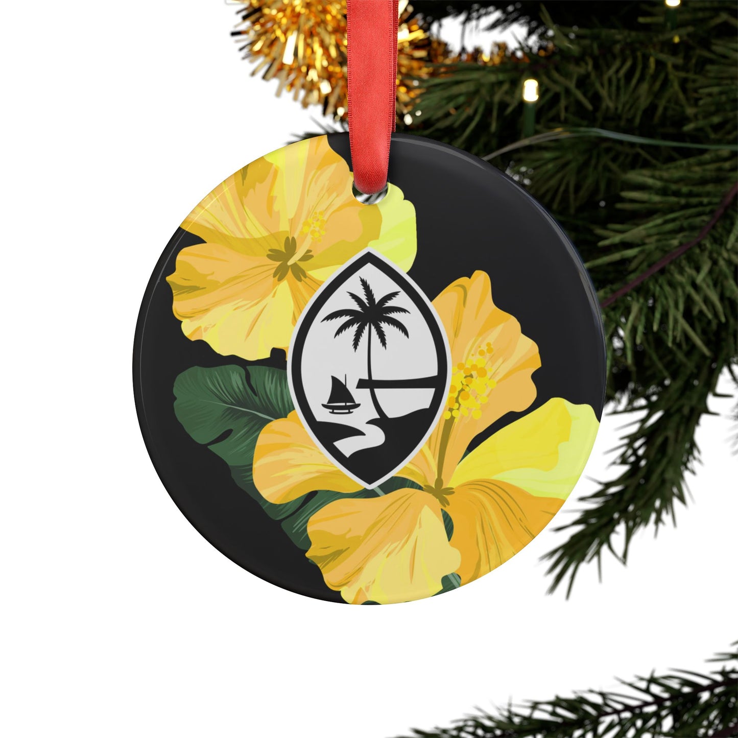 Guam Hibiscus Paradise Yellow Acrylic Ornament with Ribbon