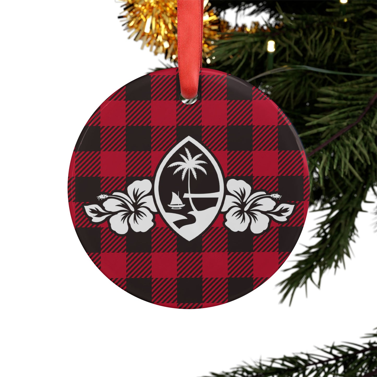 Guam Hibiscus Buffalo Plaid Acrylic Ornament with Ribbon