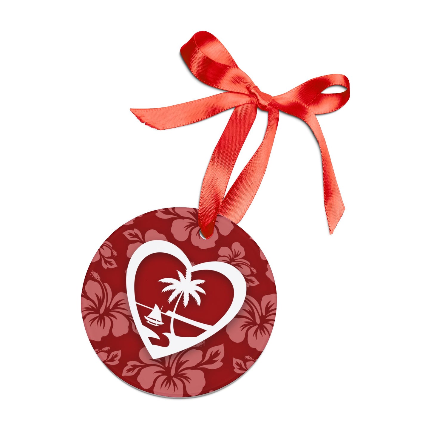 Heart Guam Hibscus Acrylic Ornament with Ribbon