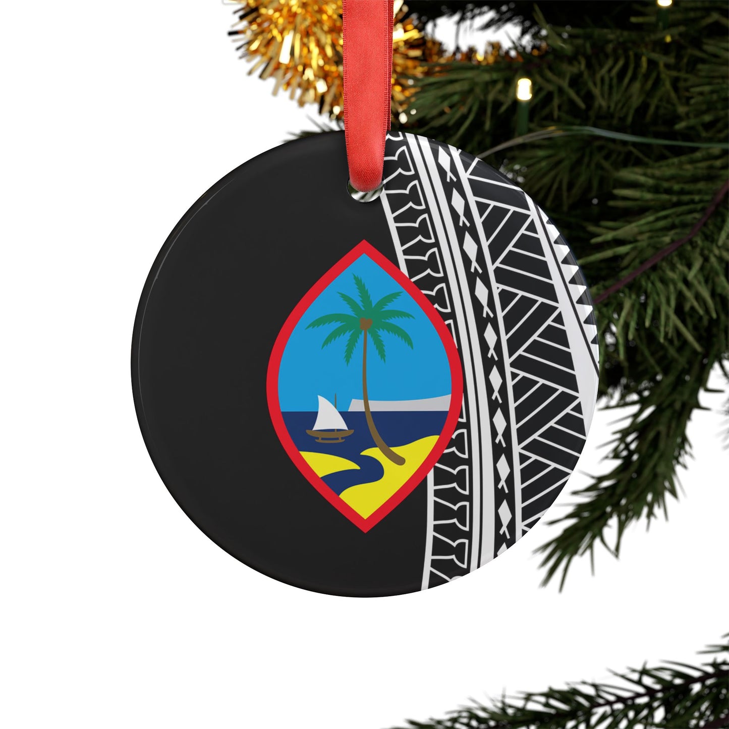 Guam Seal Black Tribal Acrylic Ornament with Ribbon