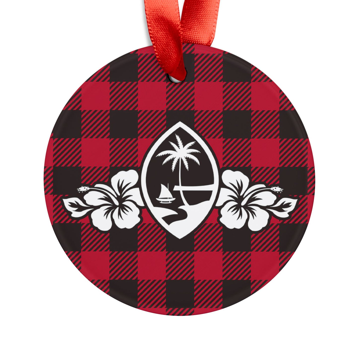 Guam Hibiscus Buffalo Plaid Acrylic Ornament with Ribbon