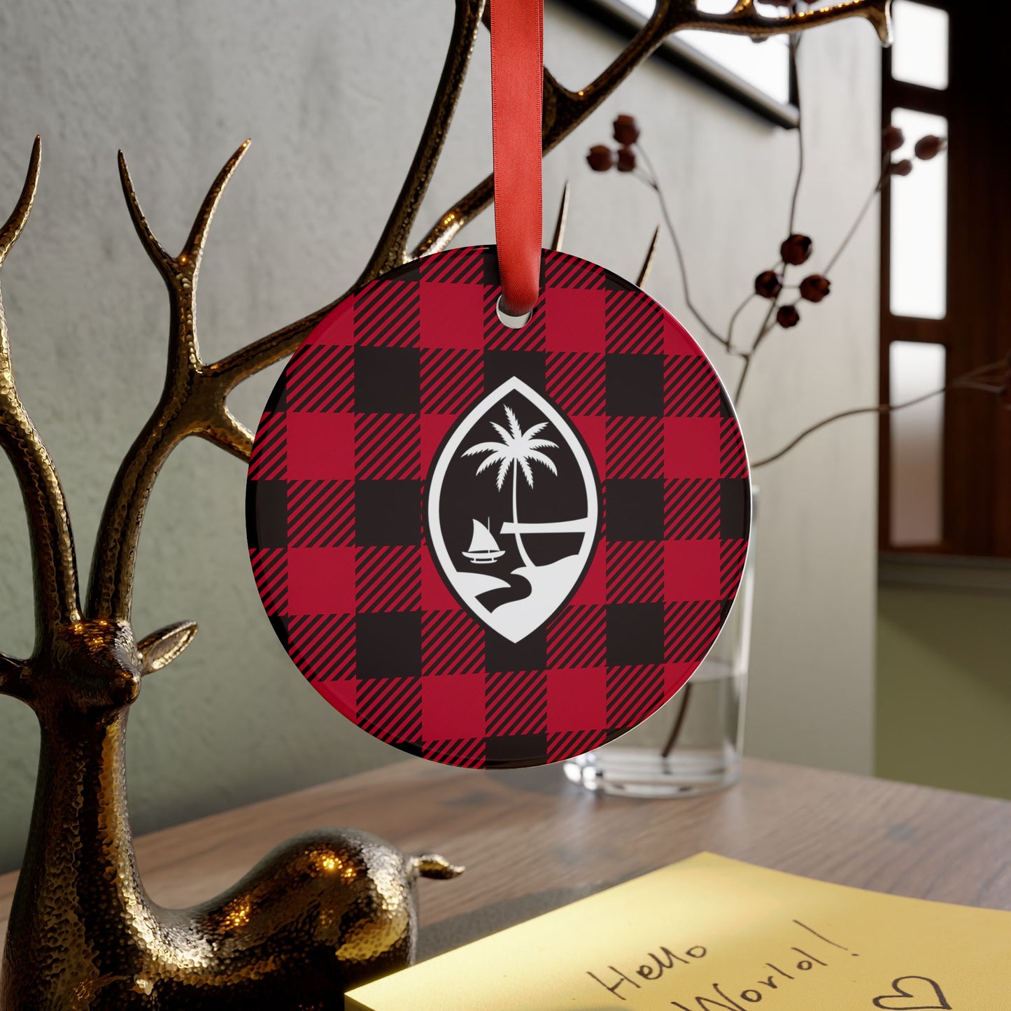 Guam Buffalo Plaid Acrylic Ornament with Ribbon