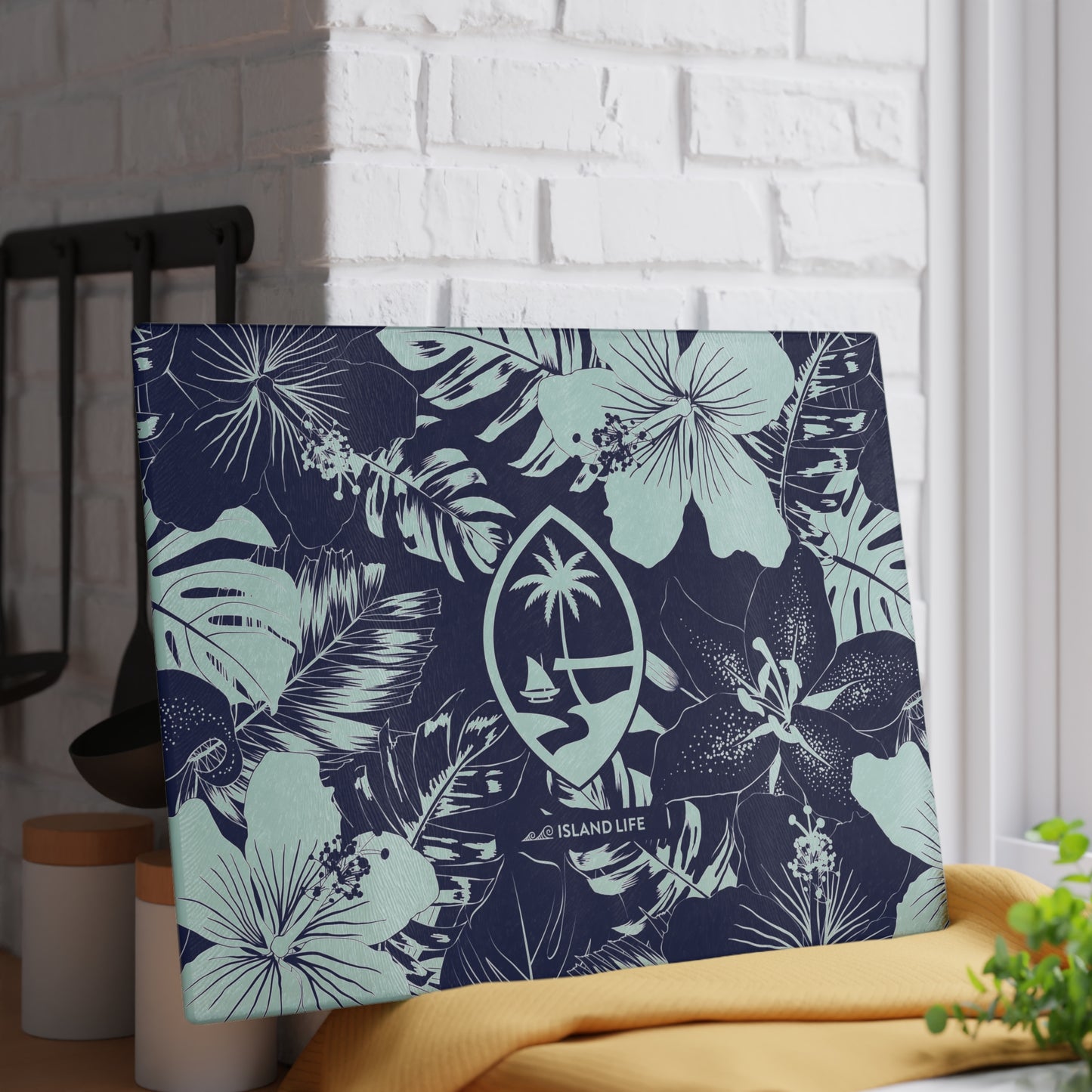Guam Seal Blue Hibiscus Glass Cutting Board