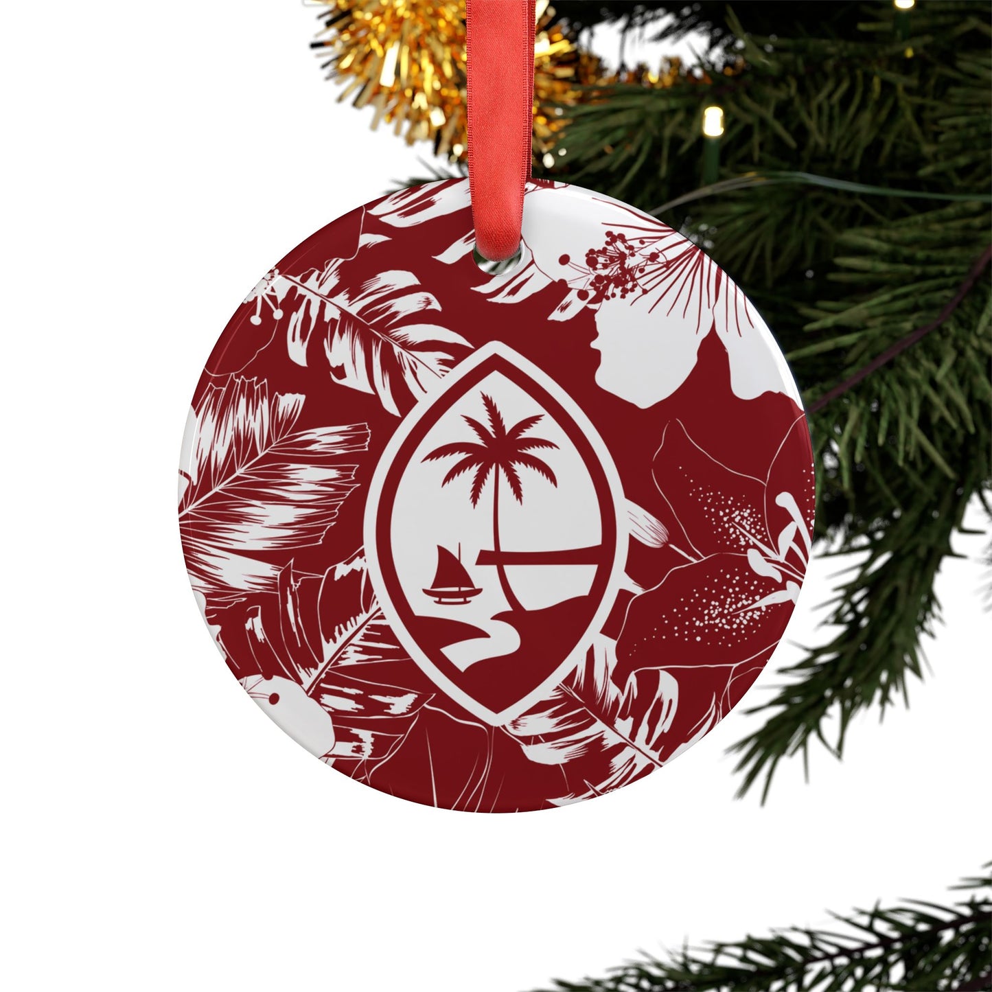 Guam Red Hibiscus Acrylic Ornament with Ribbon