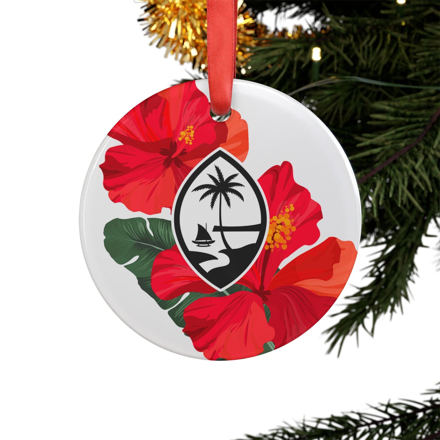 Guam Hibiscus Paradise White Acrylic Ornament with Ribbon