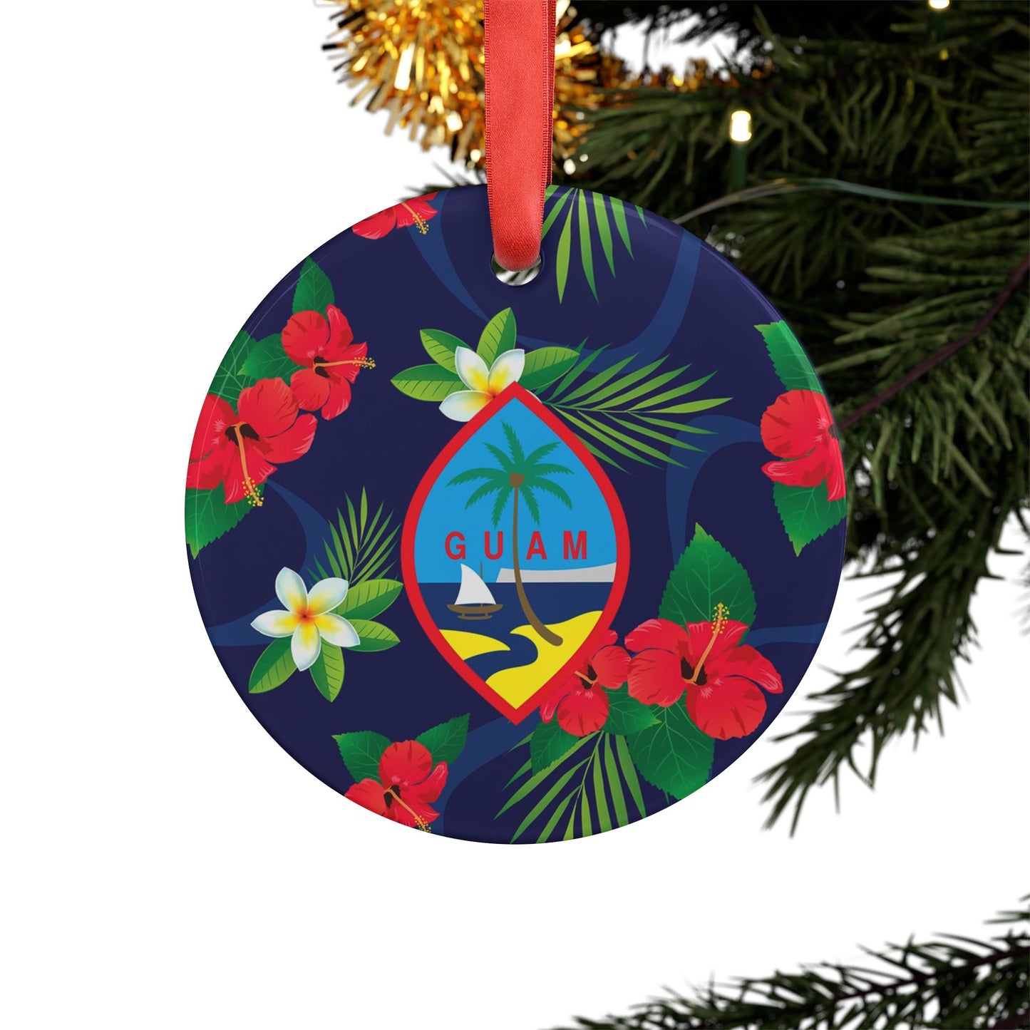 Guam Flag Flowers Acrylic Ornament with Ribbon