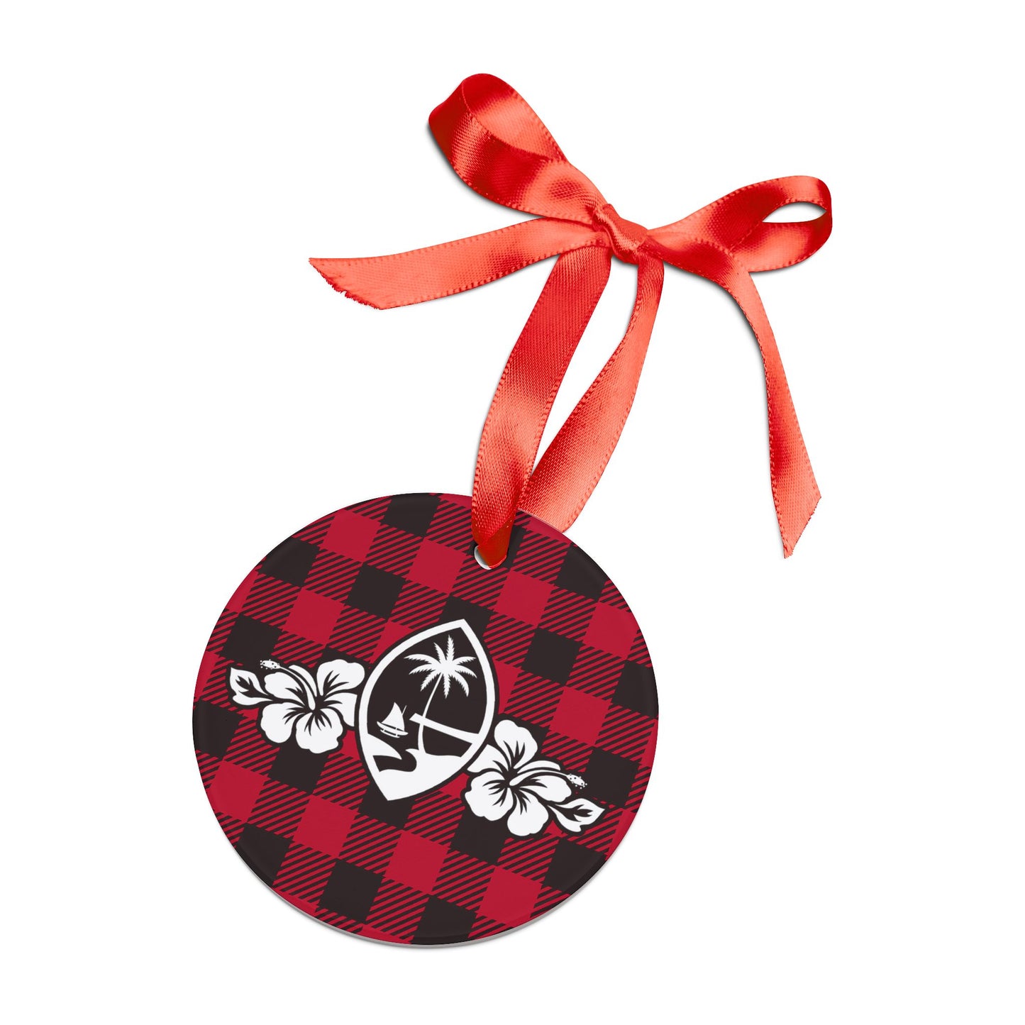 Guam Hibiscus Buffalo Plaid Acrylic Ornament with Ribbon