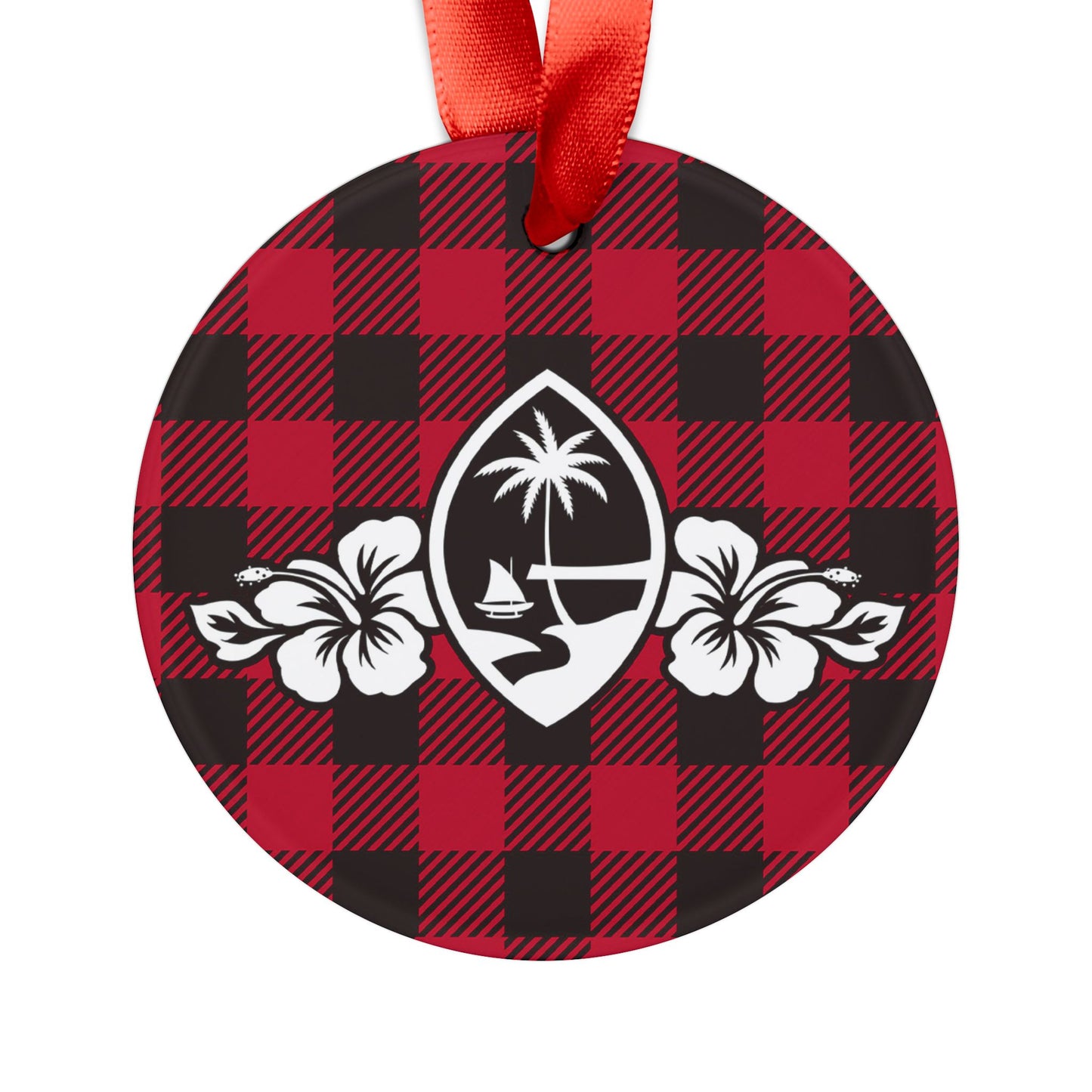 Guam Hibiscus Buffalo Plaid Acrylic Ornament with Ribbon