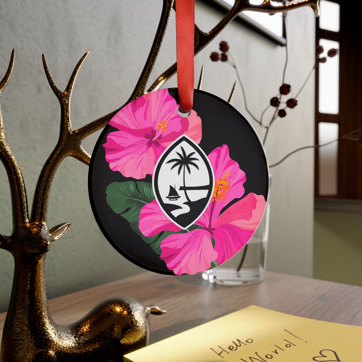 Guam Hibiscus Paradise Pink Acrylic Ornament with Ribbon