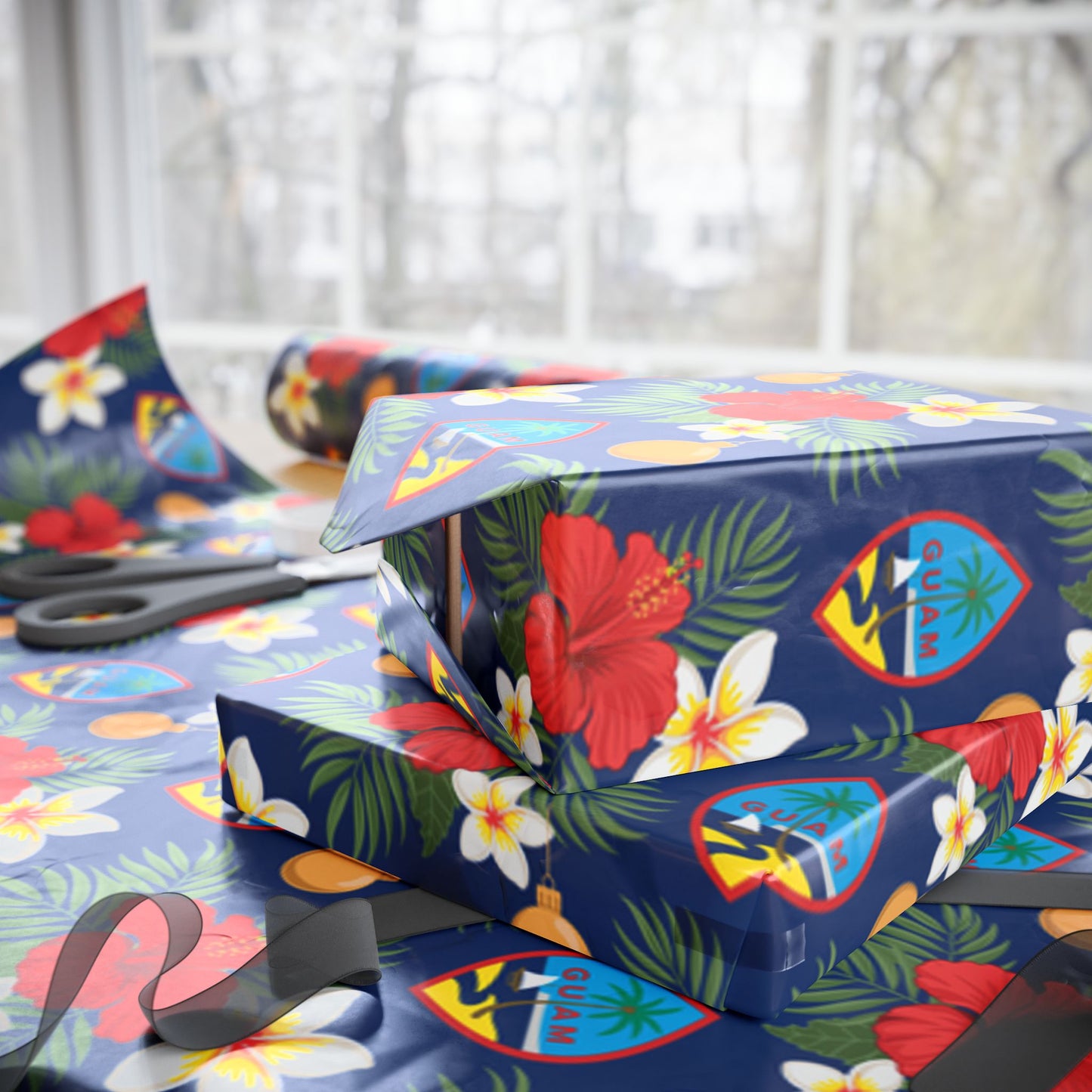 Guam Christmas Flowers Blue Gift Wrap Wrapping Paper
