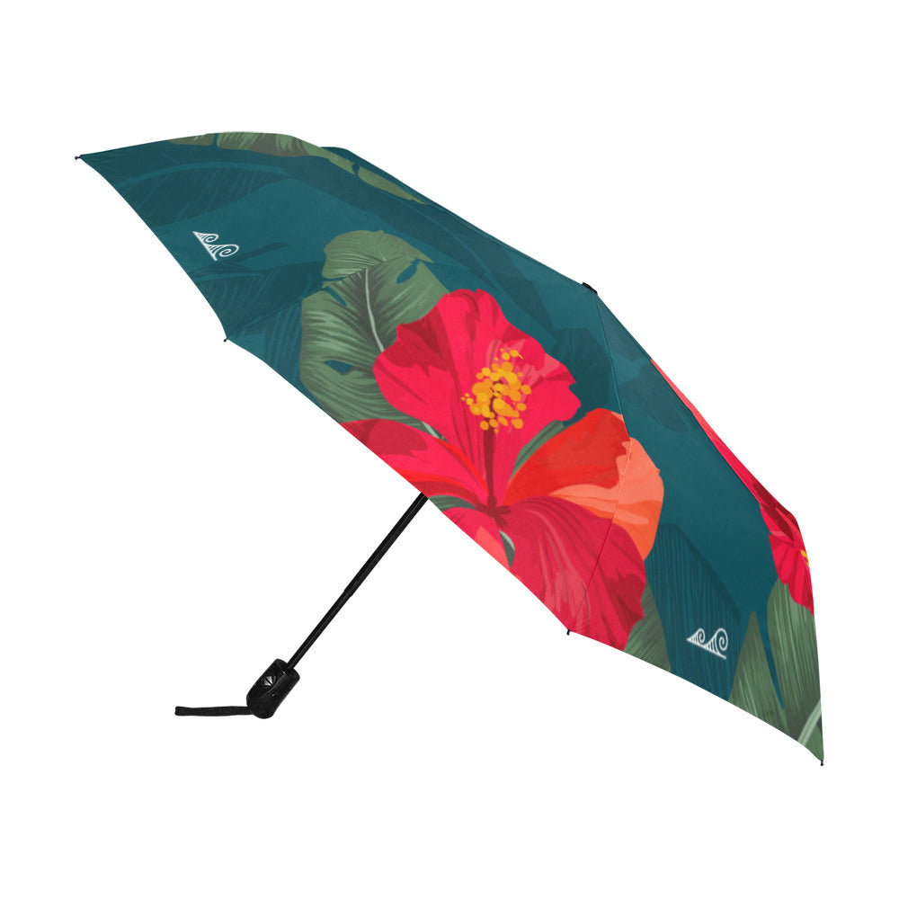 Hibiscus Banana Leaves Teal Anti-UV Auto-Foldable Umbrella