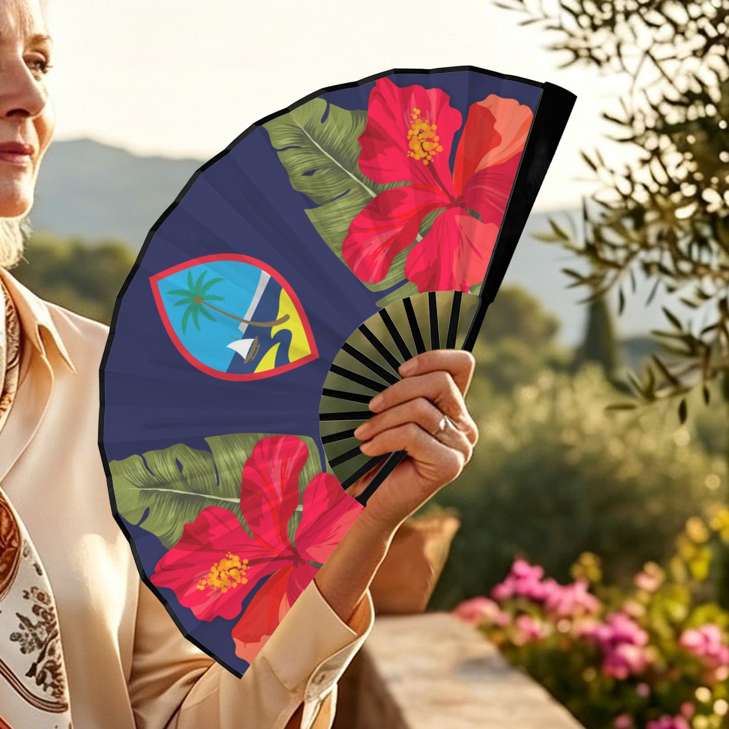 Guam Seal Hibiscus Paradise Double-Sided Folding Fan