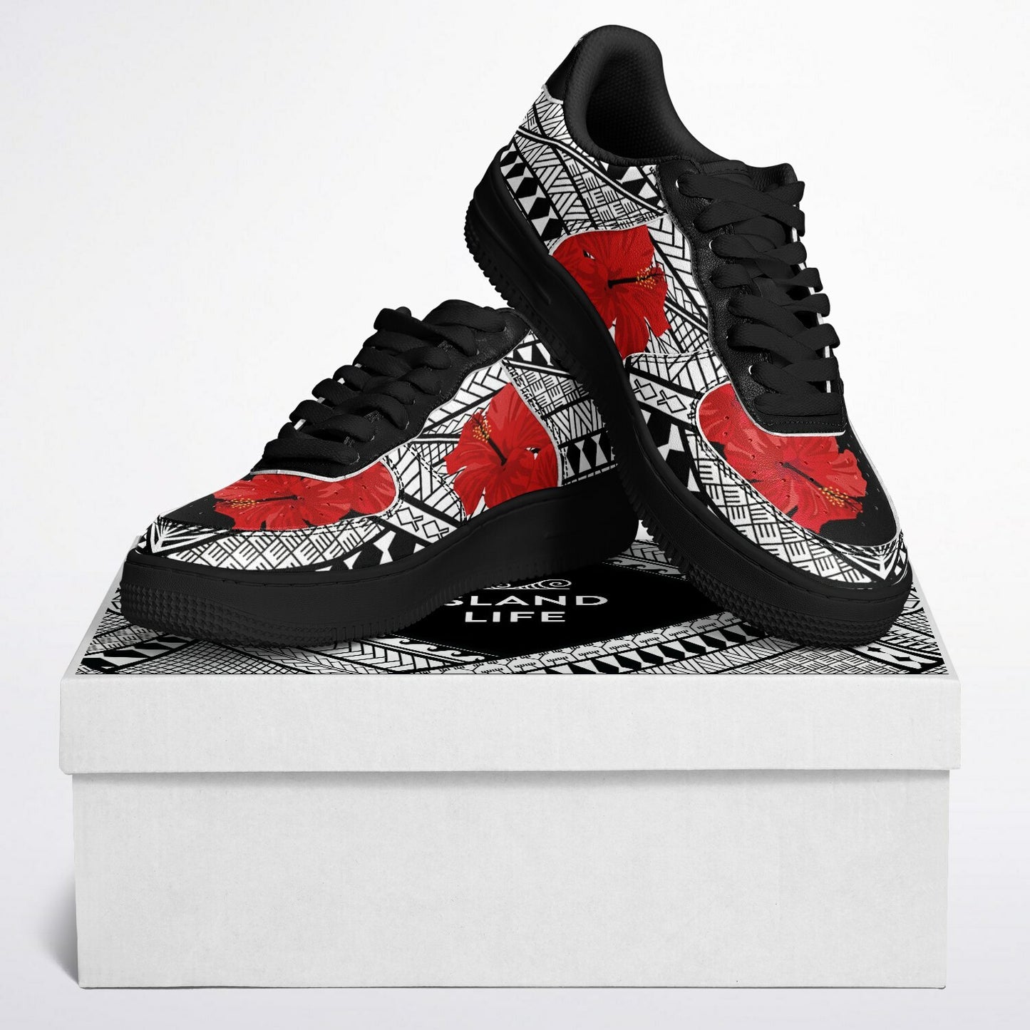 Guam Red Hibiscus Tribal Black Core Low Shoes