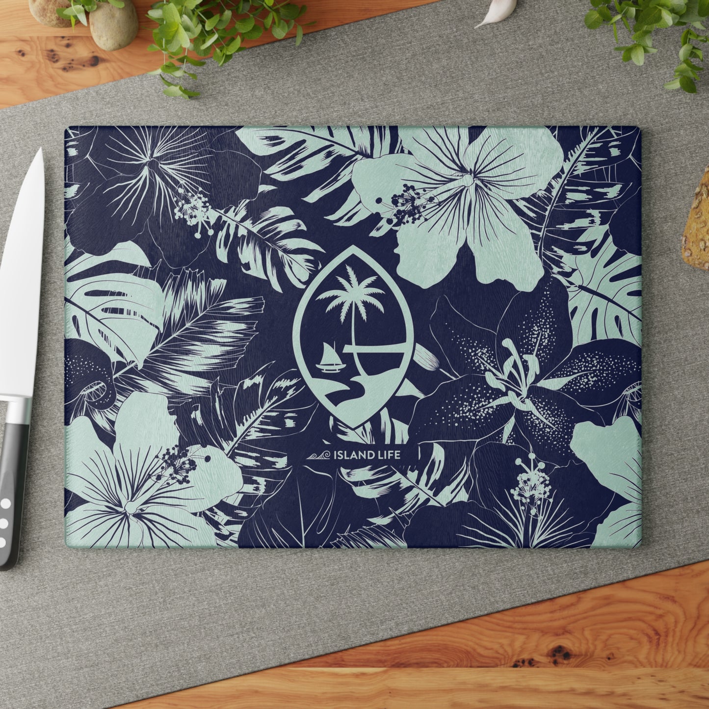 Guam Seal Blue Hibiscus Glass Cutting Board