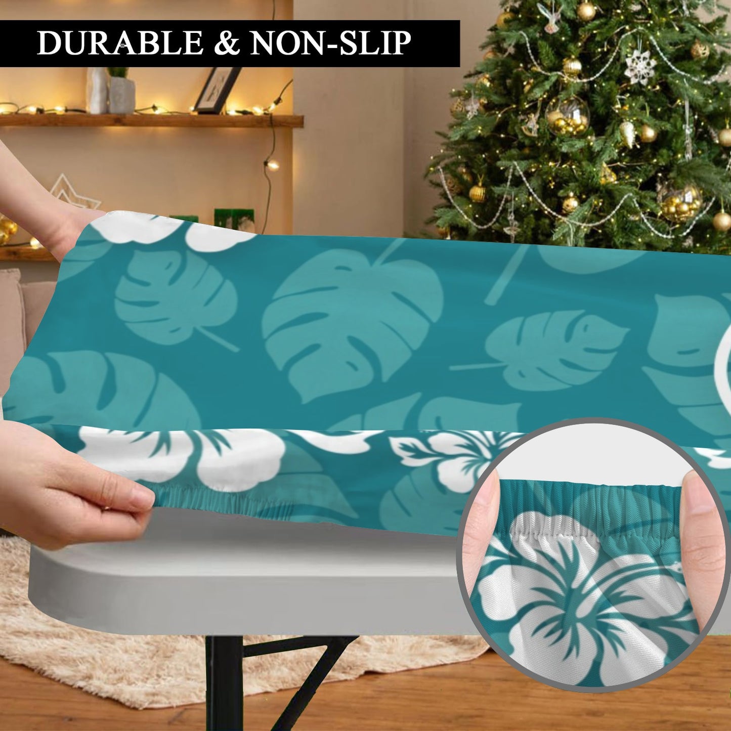 Guam Teal Hibiscus Fitted Tablecloth