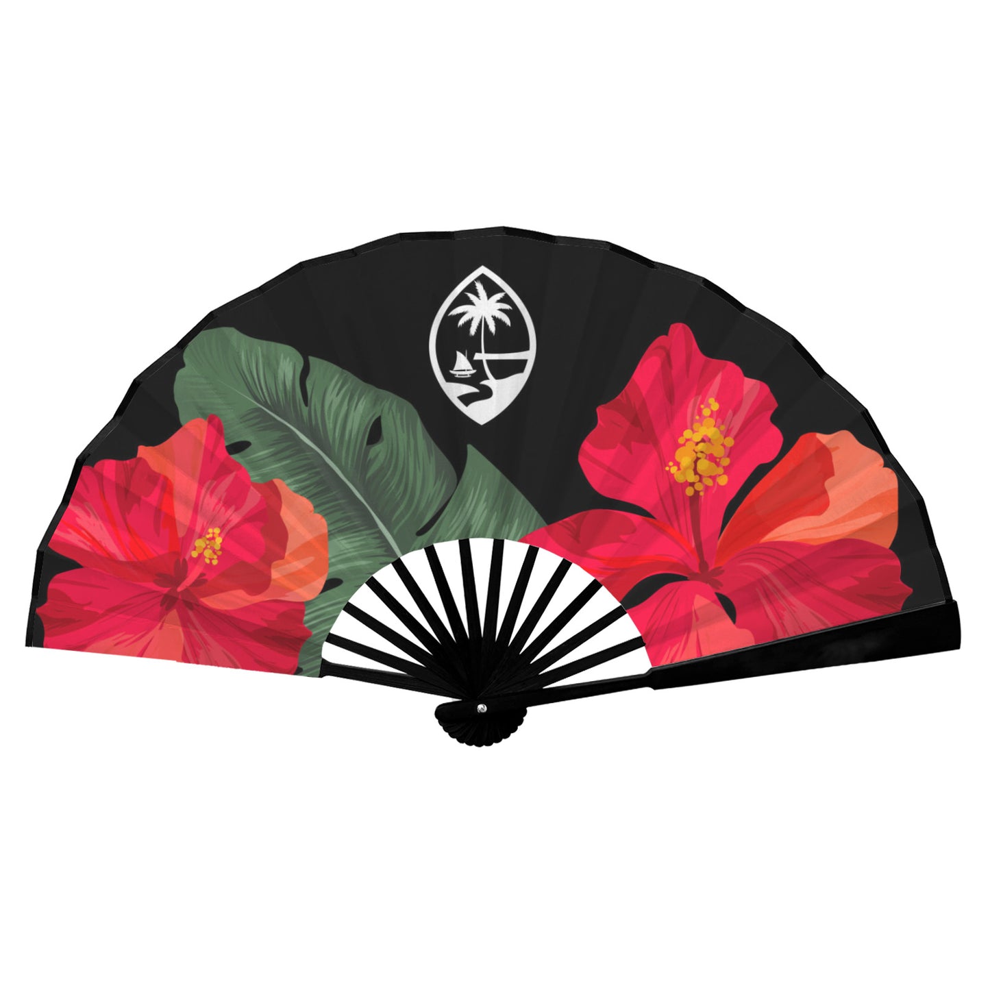Guam Hibiscus Paradise Black Double-Sided Folding Fan