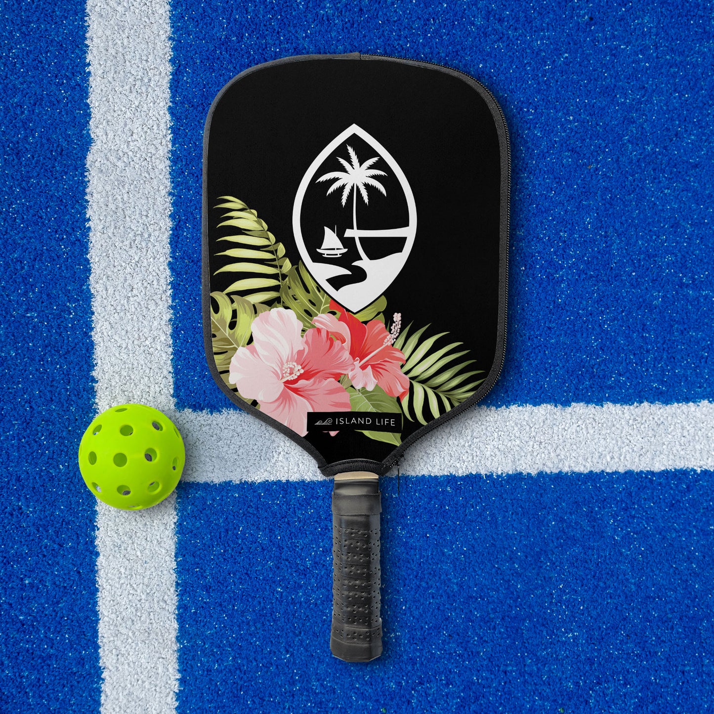 Guam Seal Hibiscus Black Pickleball Paddle Cover