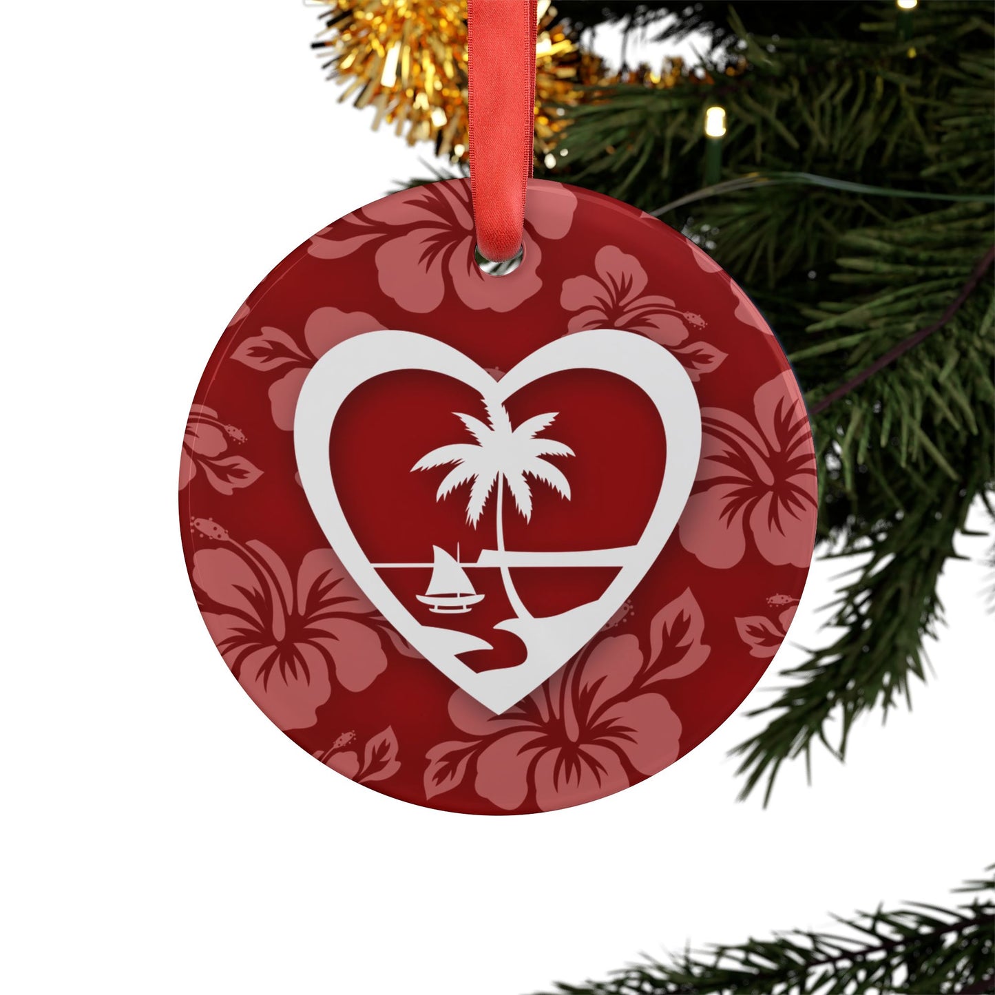 Heart Guam Hibscus Acrylic Ornament with Ribbon