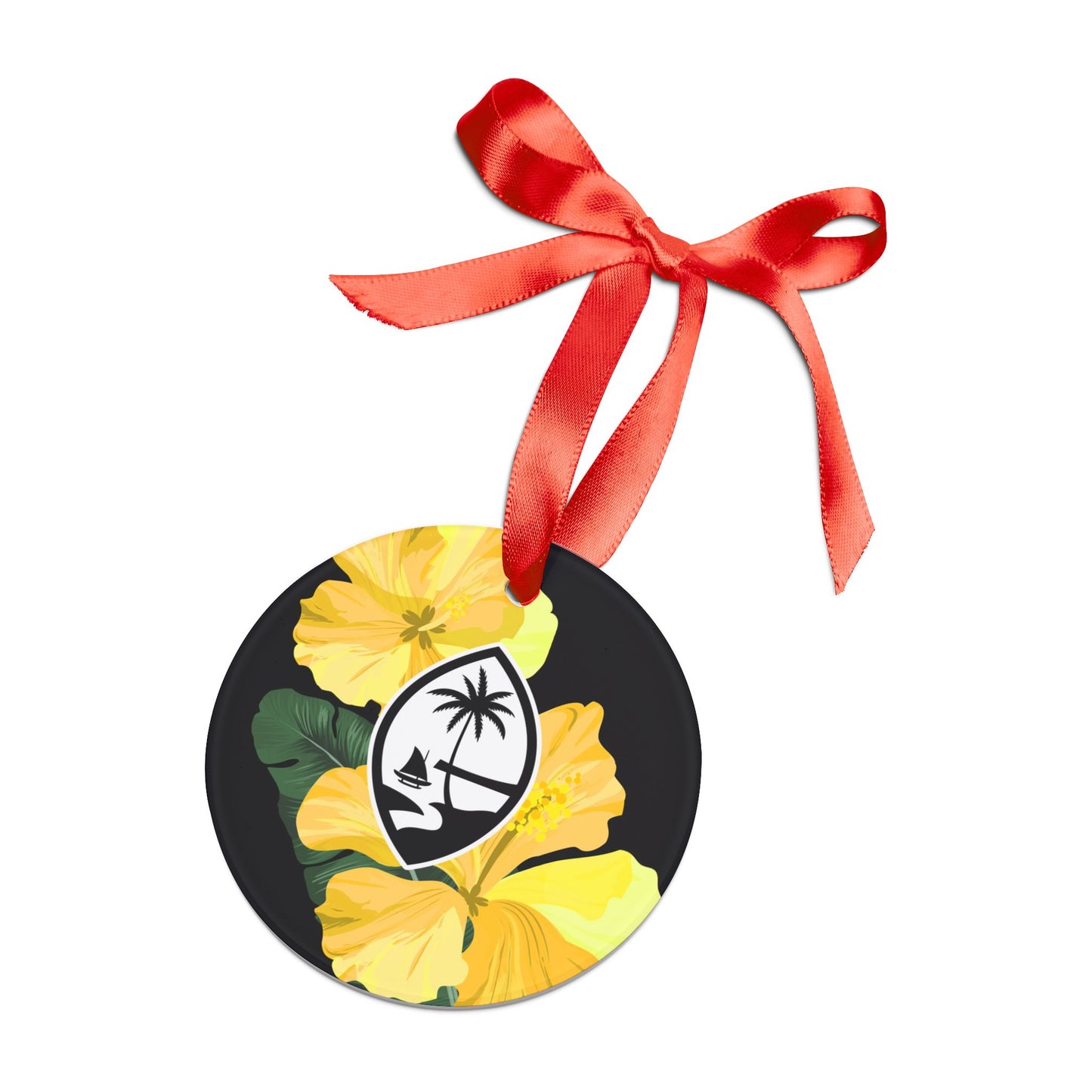 Guam Hibiscus Paradise Yellow Acrylic Ornament with Ribbon