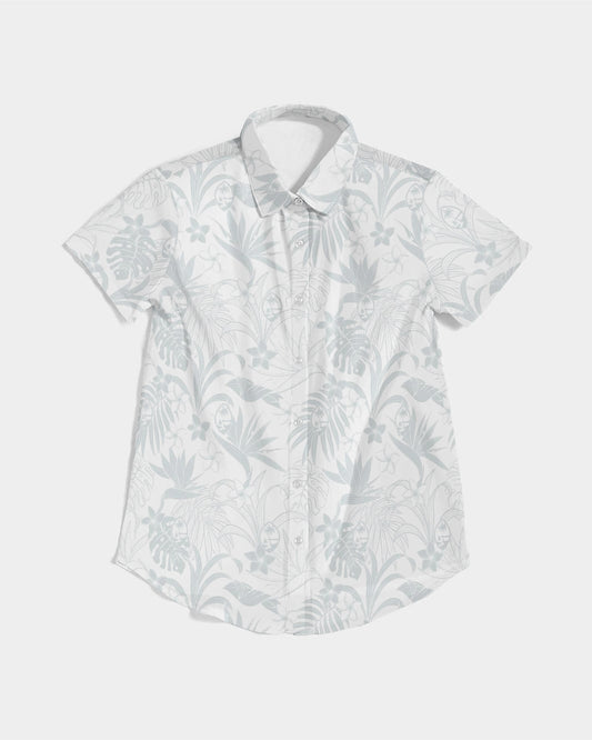 Guam Plumeria Tropical White Women's All-Over Print Short Sleeve Button Up