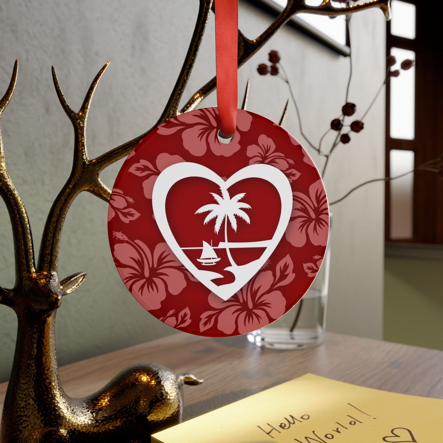 Heart Guam Hibscus Acrylic Ornament with Ribbon