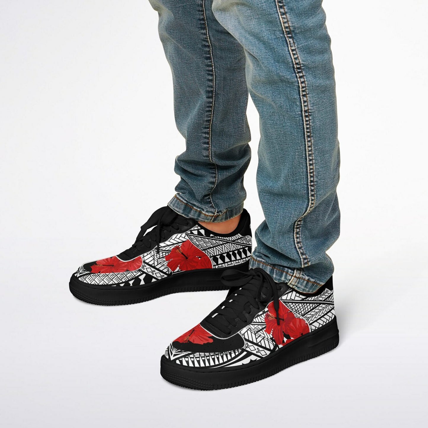 Guam Red Hibiscus Tribal Black Core Low Shoes
