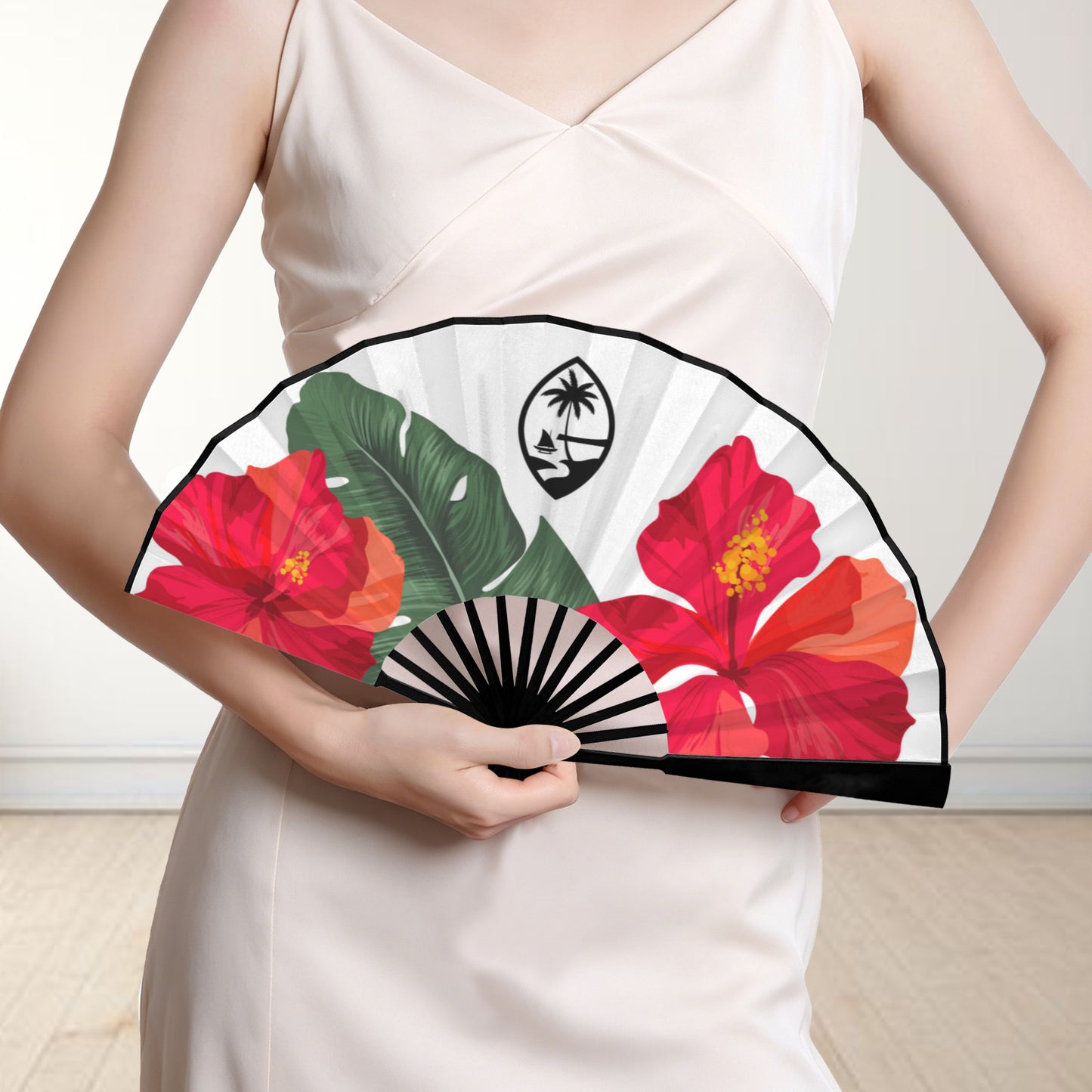 Guam Hibiscus Paradise White Double-Sided Folding Fan
