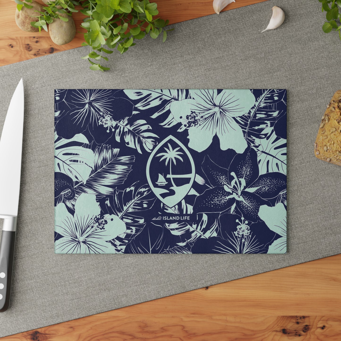 Guam Seal Blue Hibiscus Glass Cutting Board