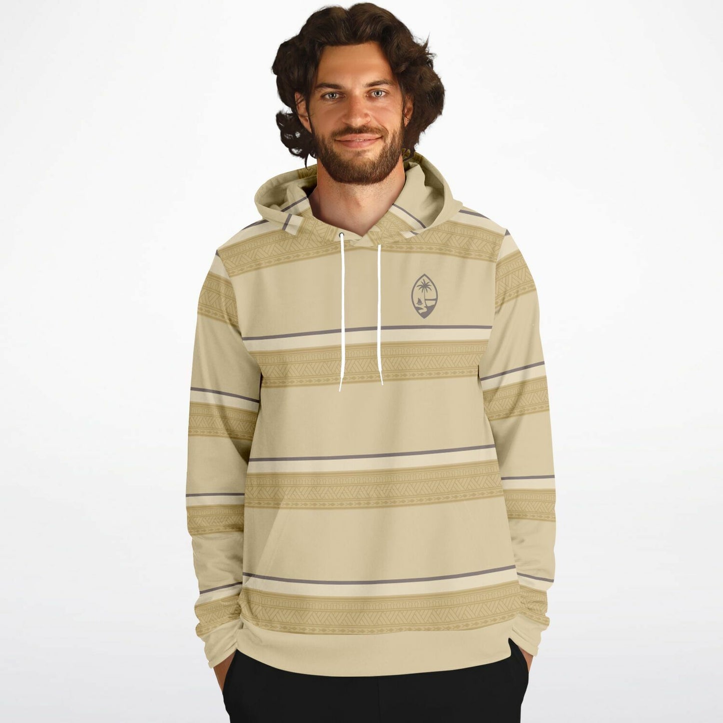 Guam Tribal Striped Khaki Unisex AOP Pullover Hoodie